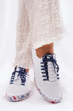 Skórzane Półbuty Na Wzorzystej Platformie 52C1713 Biało-Granatowe Damskie Buty Sportowe Na Platformie|Półbuty Skórzane