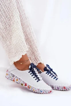 Skórzane Półbuty Na Wzorzystej Platformie 52C1713 Biało-Granatowe Damskie Buty Sportowe Na Platformie|Półbuty Skórzane