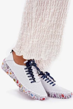 Skórzane Półbuty Na Wzorzystej Platformie 52C1713 Biało-Granatowe Damskie Buty Sportowe Na Platformie|Półbuty Skórzane