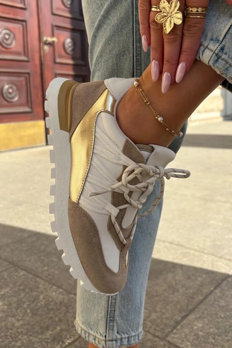 Clearance Artiker Skórzane Półbuty Sneakersy Damskie 56C1738 Beżowo-Złote