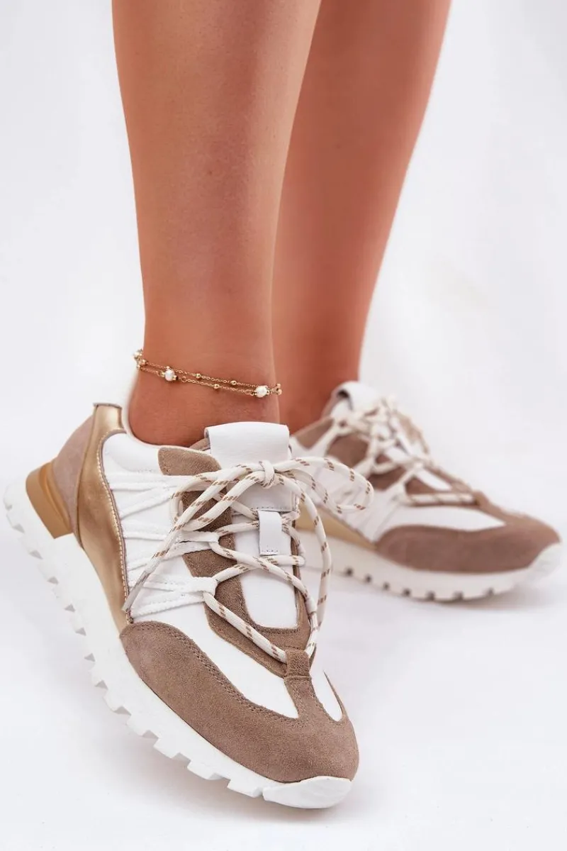 Clearance Artiker Skórzane Półbuty Sneakersy Damskie 56C1738 Beżowo-Złote