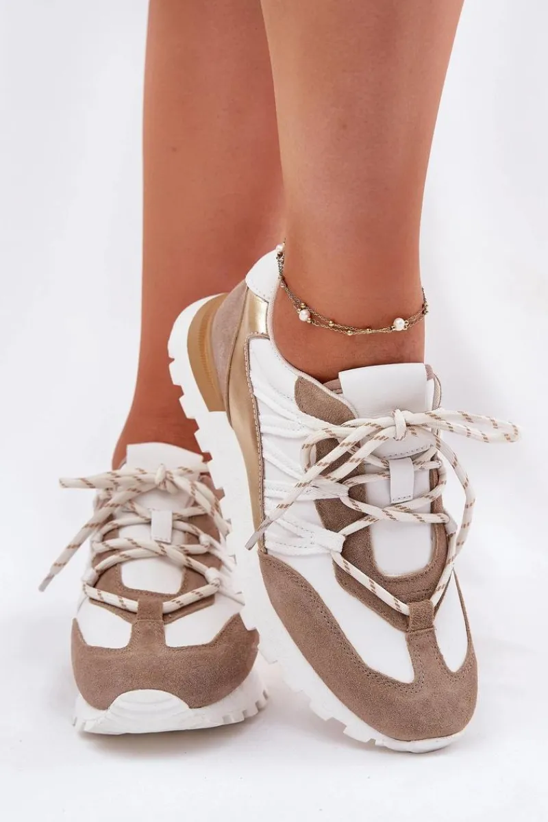 Clearance Artiker Skórzane Półbuty Sneakersy Damskie 56C1738 Beżowo-Złote