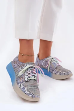 New Skórzane Półbuty Sneakersy Damskie Na Platformie 06776A-06 Niebieskie Damskie Buty Sportowe Na Platformie|Półbuty Skórzane