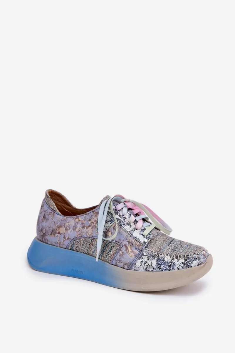 New Skórzane Półbuty Sneakersy Damskie Na Platformie 06776A-06 Niebieskie Damskie Buty Sportowe Na Platformie|Półbuty Skórzane