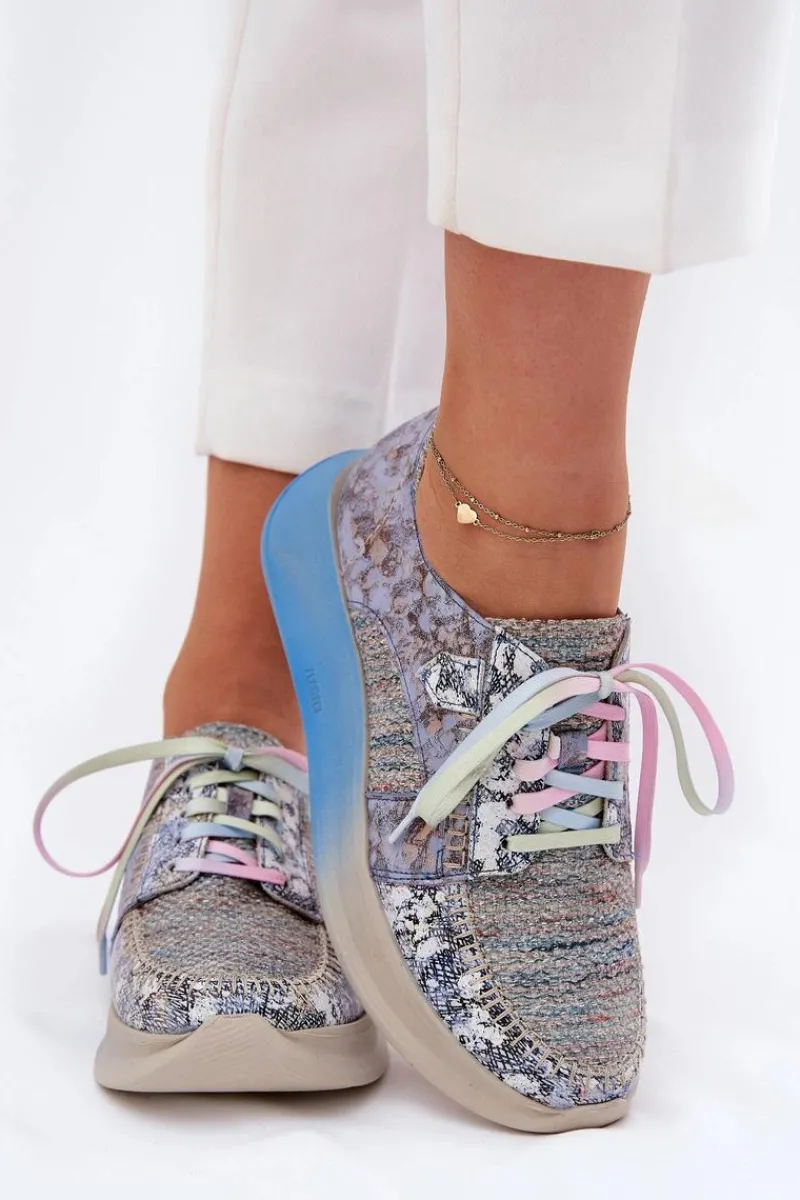 New Skórzane Półbuty Sneakersy Damskie Na Platformie 06776A-06 Niebieskie Damskie Buty Sportowe Na Platformie|Półbuty Skórzane