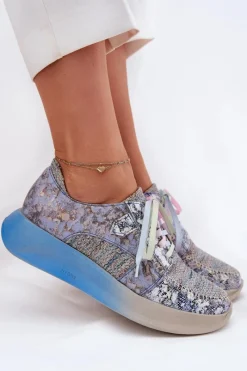 New Skórzane Półbuty Sneakersy Damskie Na Platformie 06776A-06 Niebieskie Damskie Buty Sportowe Na Platformie|Półbuty Skórzane