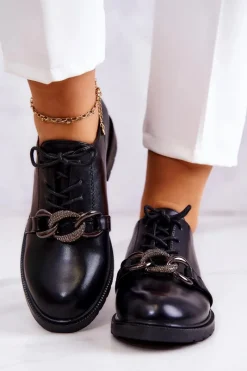 Sale Damskie buty S.Barski Skórzane Półbuty Wiązane Z Ozdobą Czarne Larosa