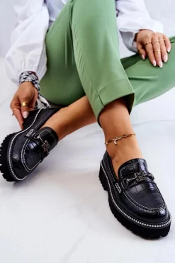 Mokasyny Damskie Skórzane>Damskie buty S.Barski Skórzane Półbuty Wężowe Z Ozdobą Czarne Adison