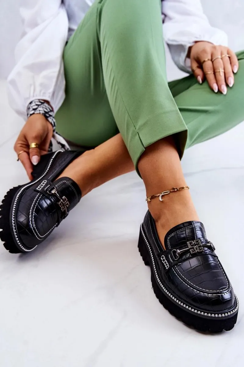 Mokasyny Damskie Skórzane>Damskie buty S.Barski Skórzane Półbuty Wężowe Z Ozdobą Czarne Adison