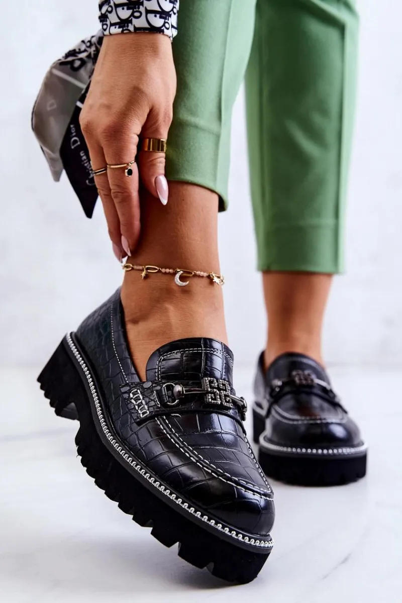 Mokasyny Damskie Skórzane>Damskie buty S.Barski Skórzane Półbuty Wężowe Z Ozdobą Czarne Adison