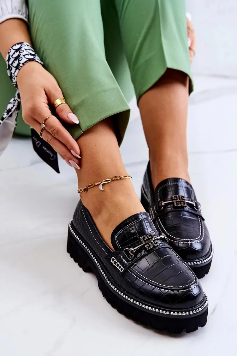 Mokasyny Damskie Skórzane>Damskie buty S.Barski Skórzane Półbuty Wężowe Z Ozdobą Czarne Adison