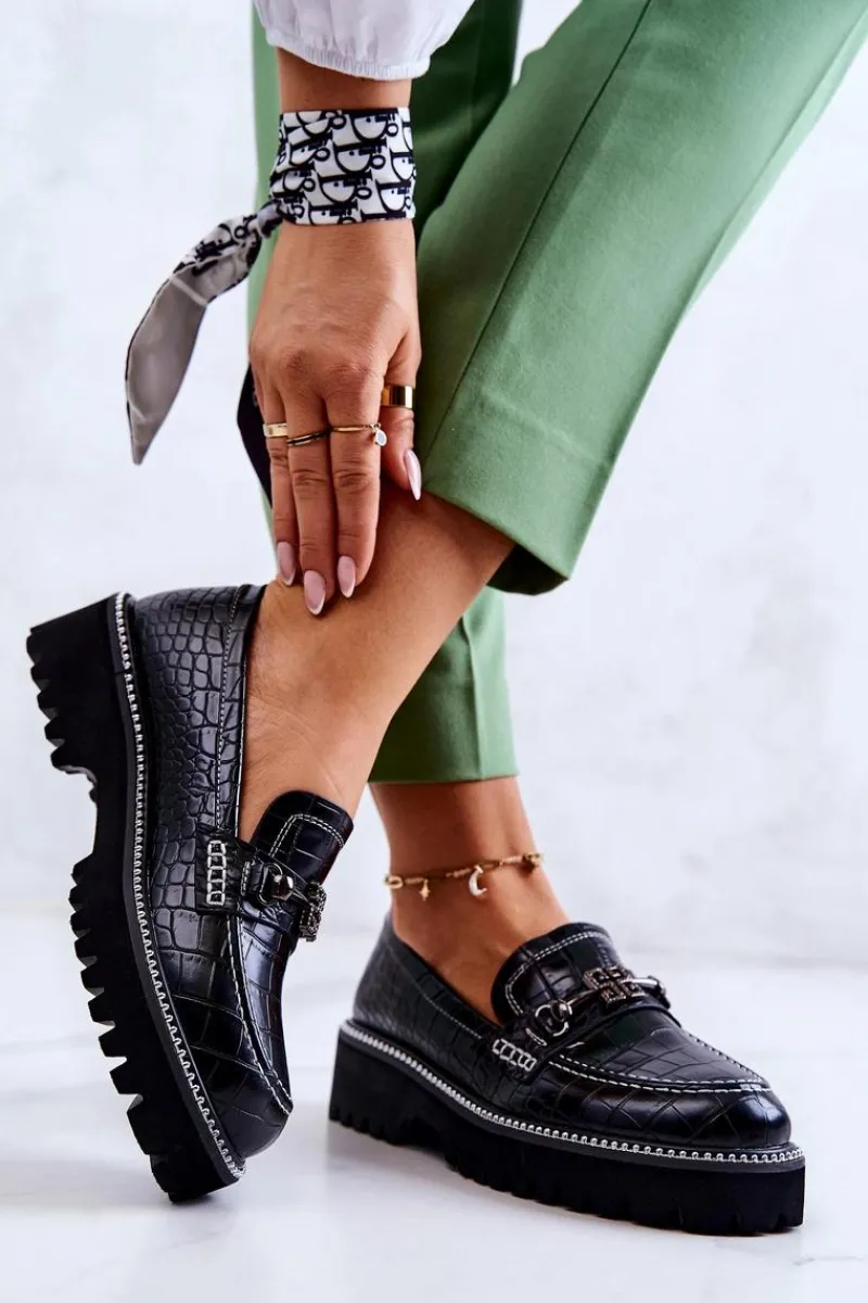 Mokasyny Damskie Skórzane>Damskie buty S.Barski Skórzane Półbuty Wężowe Z Ozdobą Czarne Adison