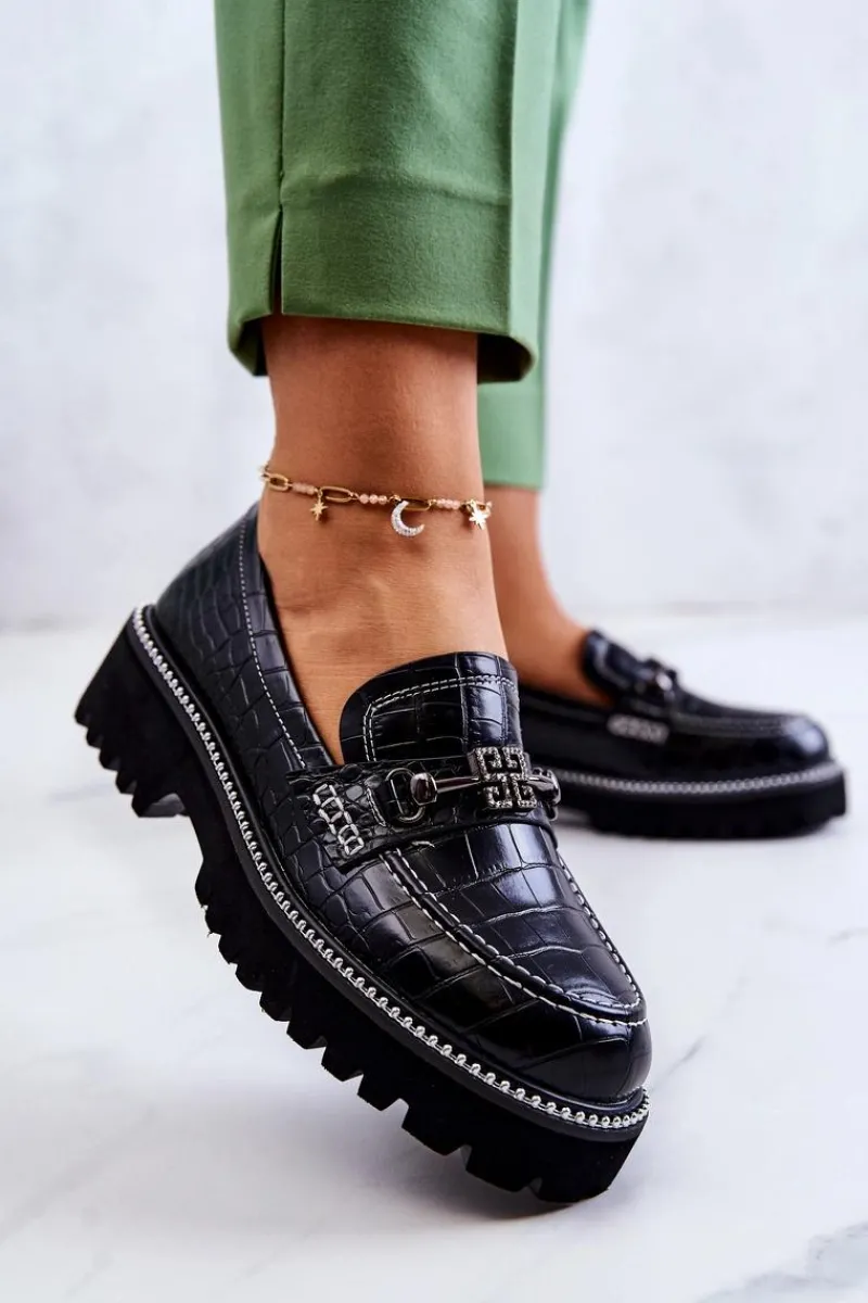 Mokasyny Damskie Skórzane>Damskie buty S.Barski Skórzane Półbuty Wężowe Z Ozdobą Czarne Adison