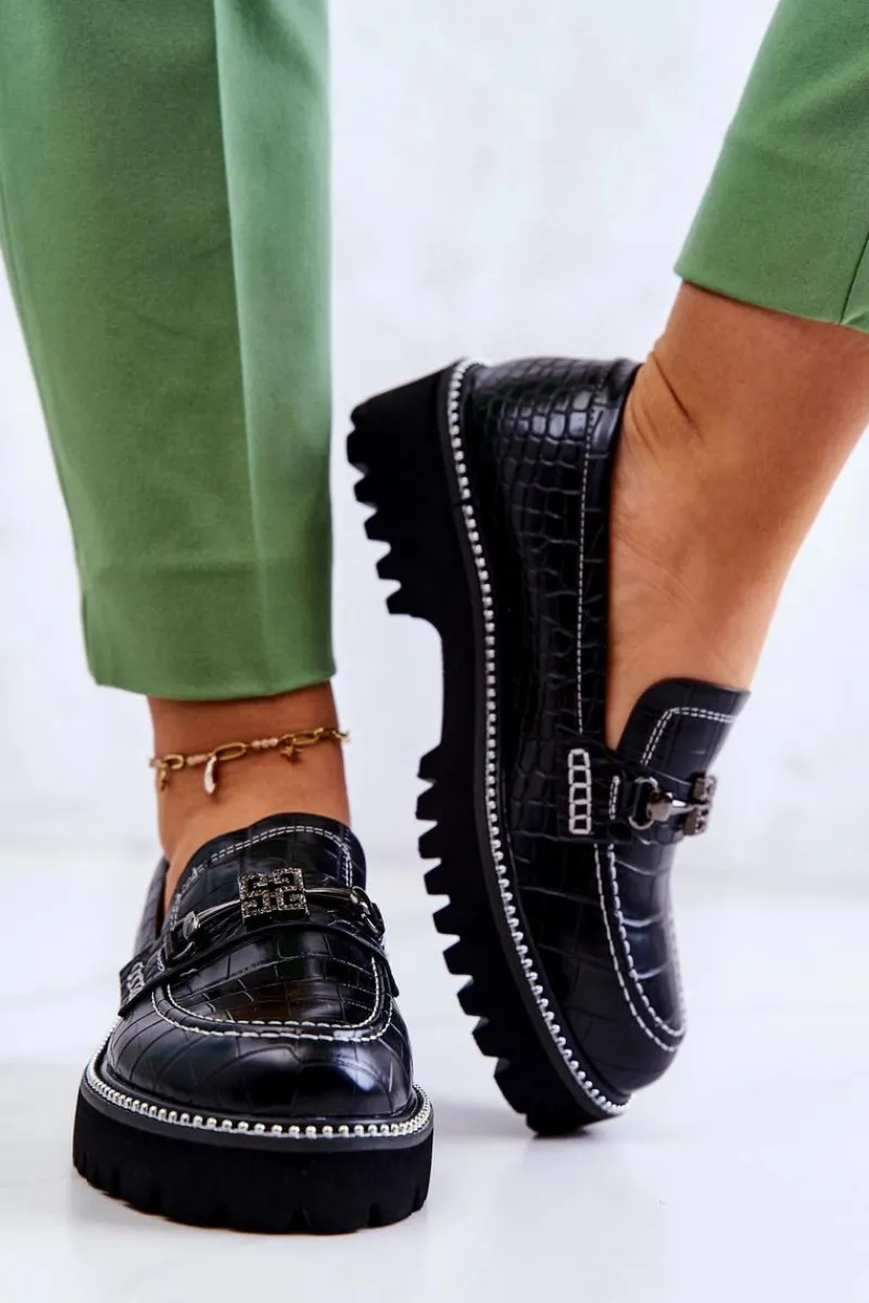 Mokasyny Damskie Skórzane>Damskie buty S.Barski Skórzane Półbuty Wężowe Z Ozdobą Czarne Adison