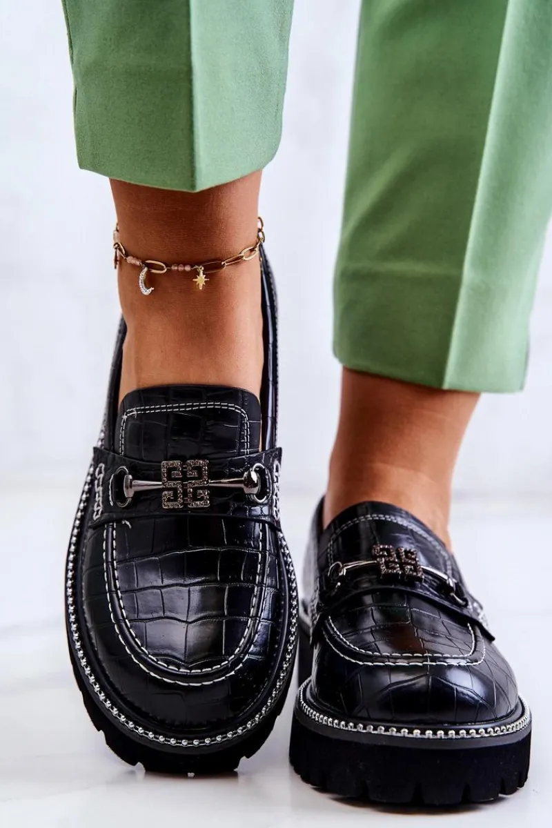 Mokasyny Damskie Skórzane>Damskie buty S.Barski Skórzane Półbuty Wężowe Z Ozdobą Czarne Adison