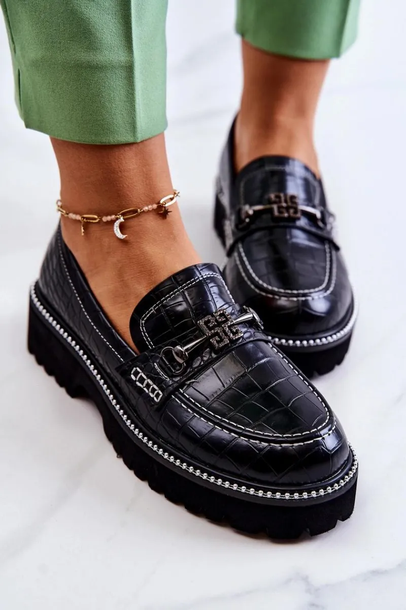 Mokasyny Damskie Skórzane>Damskie buty S.Barski Skórzane Półbuty Wężowe Z Ozdobą Czarne Adison