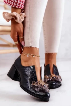 Clearance Skórzane Półbuty Wzór Krokodyl Z Ozdobą Czarne Delaver Damskie Półbuty Skórzane