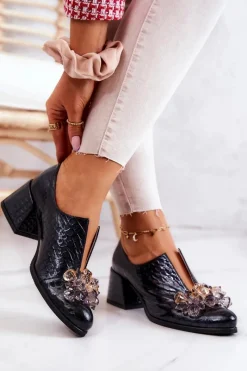 Clearance Skórzane Półbuty Wzór Krokodyl Z Ozdobą Czarne Delaver Damskie Półbuty Skórzane