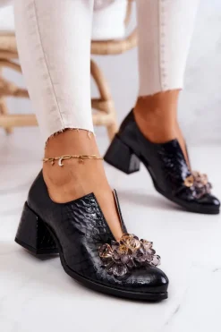 Clearance Skórzane Półbuty Wzór Krokodyl Z Ozdobą Czarne Delaver Damskie Półbuty Skórzane