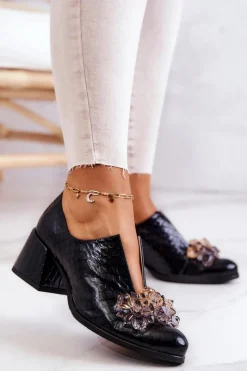 Clearance Skórzane Półbuty Wzór Krokodyl Z Ozdobą Czarne Delaver Damskie Półbuty Skórzane