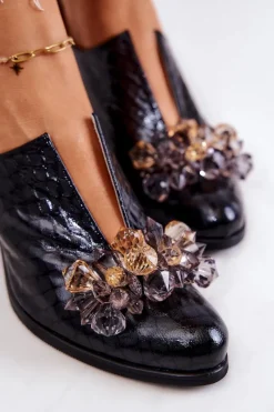 Clearance Skórzane Półbuty Wzór Krokodyl Z Ozdobą Czarne Delaver Damskie Półbuty Skórzane