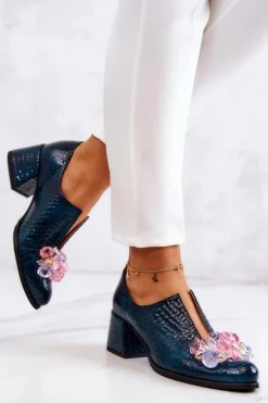 Półbuty Skórzane>Boto Skórzane Półbuty Wzór Krokodyl Z Ozdobą Zielone Delaver