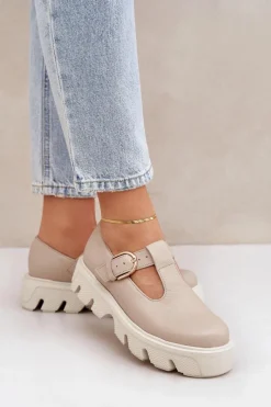 Skórzane Półbuty Z Klamrą 20183 Beżowe Damskie Półbuty Skórzane