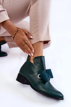 Boto Skórzane Półbuty Z Zamszową Kokardką Zielone Thalia