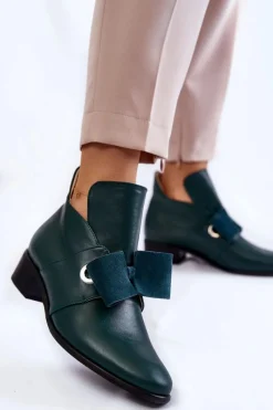 Boto Skórzane Półbuty Z Zamszową Kokardką Zielone Thalia