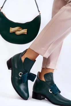 Boto Skórzane Półbuty Z Zamszową Kokardką Zielone Thalia