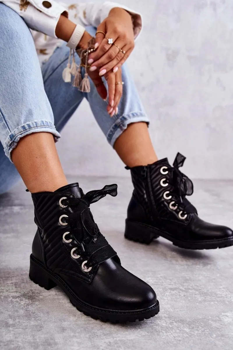 Sale Skórzane Pikowane Botki Z Ociepleniem Czarne Torino Damskie Botki Sznurowane|Czarne Botki