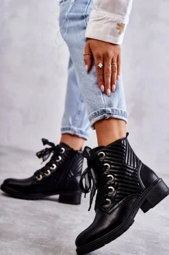 Sale Skórzane Pikowane Botki Z Ociepleniem Czarne Torino Damskie Botki Sznurowane|Czarne Botki