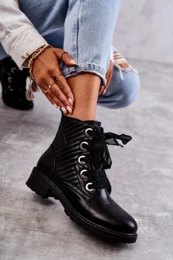 Sale Skórzane Pikowane Botki Z Ociepleniem Czarne Torino Damskie Botki Sznurowane|Czarne Botki