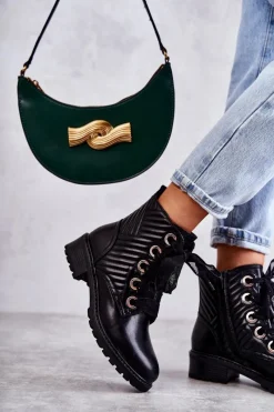 Sale Skórzane Pikowane Botki Z Ociepleniem Czarne Torino Damskie Botki Sznurowane|Czarne Botki