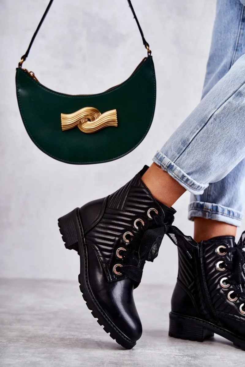 Sale Skórzane Pikowane Botki Z Ociepleniem Czarne Torino Damskie Botki Sznurowane|Czarne Botki