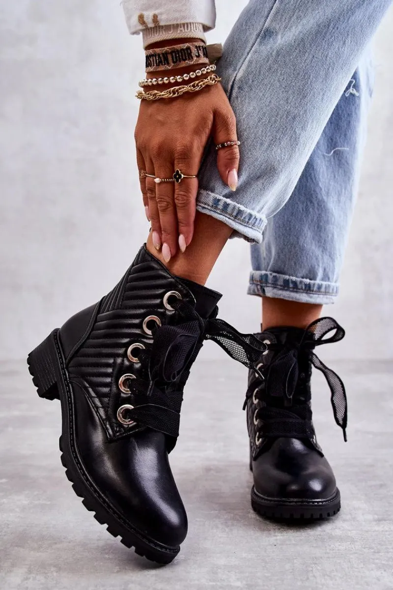 Sale Skórzane Pikowane Botki Z Ociepleniem Czarne Torino Damskie Botki Sznurowane|Czarne Botki