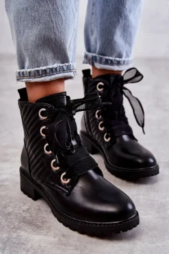 Sale Skórzane Pikowane Botki Z Ociepleniem Czarne Torino Damskie Botki Sznurowane|Czarne Botki