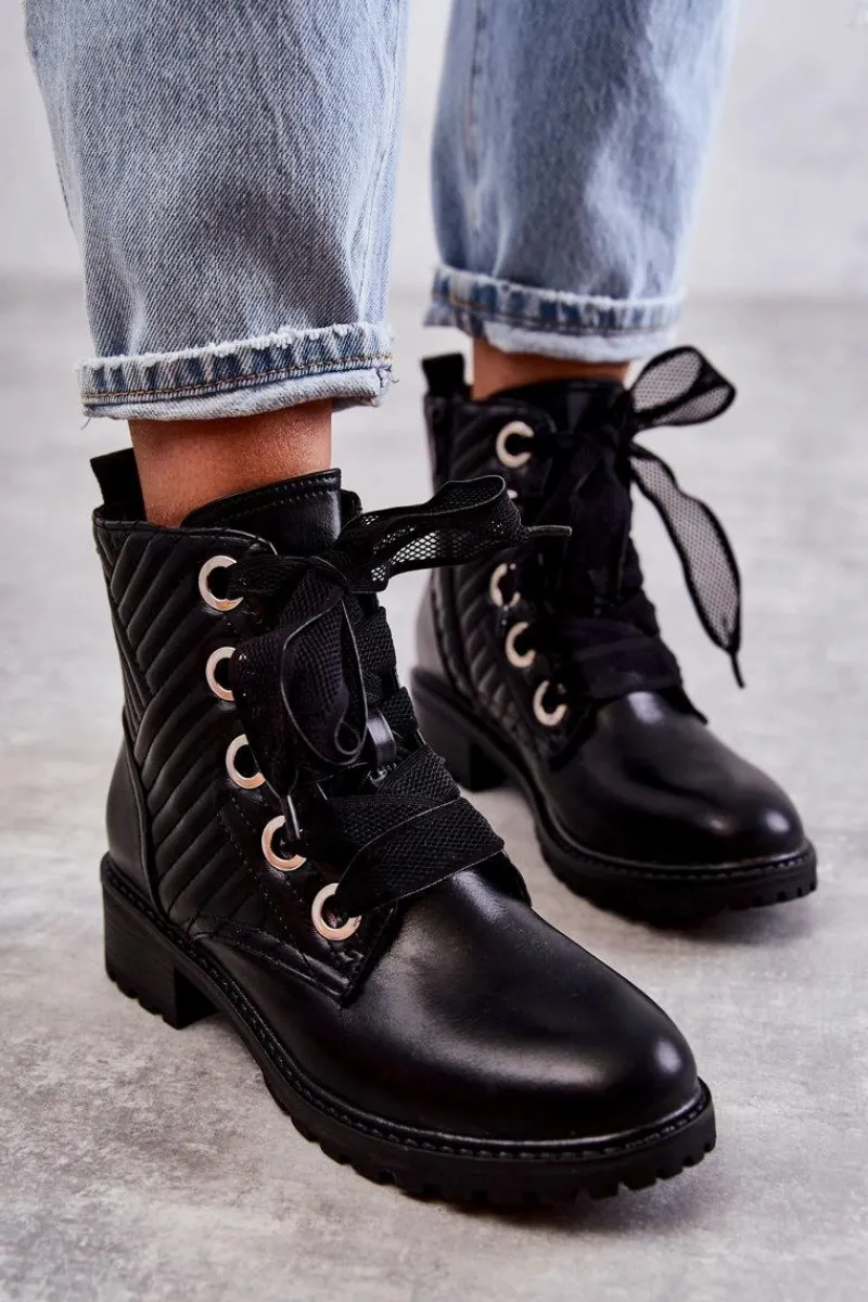 Sale Skórzane Pikowane Botki Z Ociepleniem Czarne Torino Damskie Botki Sznurowane|Czarne Botki