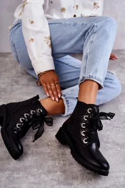 Sale Skórzane Pikowane Botki Z Ociepleniem Czarne Torino Damskie Botki Sznurowane|Czarne Botki