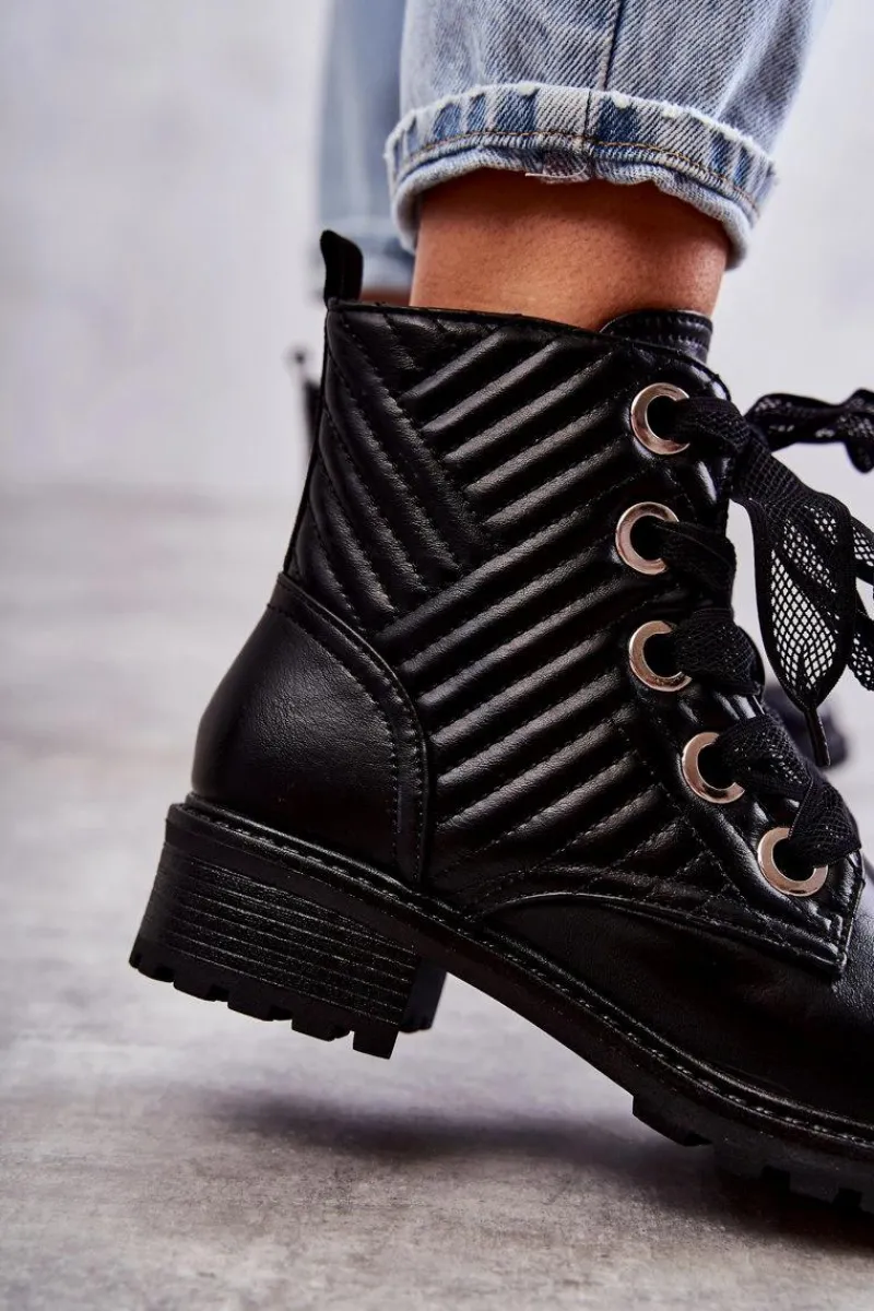 Sale Skórzane Pikowane Botki Z Ociepleniem Czarne Torino Damskie Botki Sznurowane|Czarne Botki