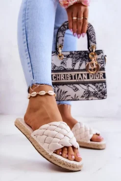 New Skórzane Plecione Klapki Big Star JJ274922 Beżowe Damskie Klapki Damskie Big Star|Klapki Damskie Klasyczne