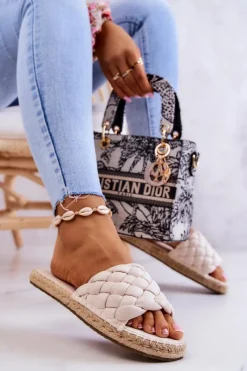 New Skórzane Plecione Klapki Big Star JJ274922 Beżowe Damskie Klapki Damskie Big Star|Klapki Damskie Klasyczne