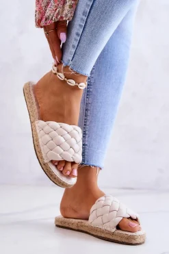 New Skórzane Plecione Klapki Big Star JJ274922 Beżowe Damskie Klapki Damskie Big Star|Klapki Damskie Klasyczne