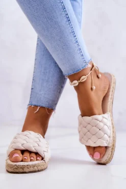 New Skórzane Plecione Klapki Big Star JJ274922 Beżowe Damskie Klapki Damskie Big Star|Klapki Damskie Klasyczne