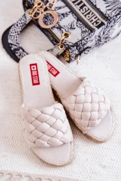 New Skórzane Plecione Klapki Big Star JJ274922 Beżowe Damskie Klapki Damskie Big Star|Klapki Damskie Klasyczne