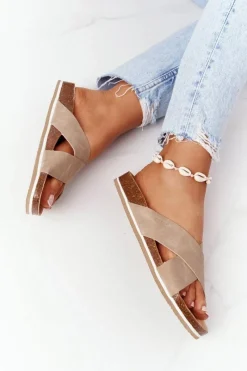 New Skórzane Profilowane Klapki Big Star HH274593 Beżowe Damskie Klapki Damskie Klasyczne