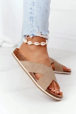 New Skórzane Profilowane Klapki Big Star HH274593 Beżowe Damskie Klapki Damskie Klasyczne