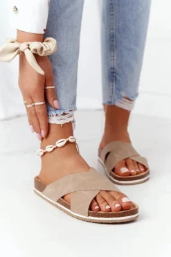 New Skórzane Profilowane Klapki Big Star HH274593 Beżowe Damskie Klapki Damskie Klasyczne