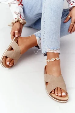 New Skórzane Profilowane Klapki Big Star HH274593 Beżowe Damskie Klapki Damskie Klasyczne