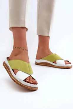 Klapki Damskie Klasyczne>Maciejka Skórzane Profilowane Klapki 04986-11 Limonkowe